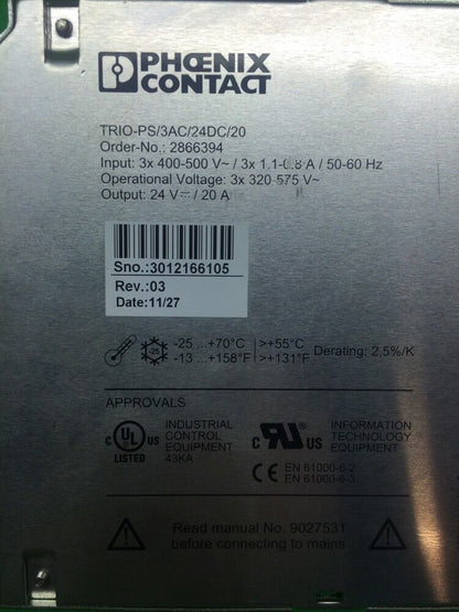 PHOENIX CONTACT TRIO-PS/3AC/24DC/20 POWER SUPPLY