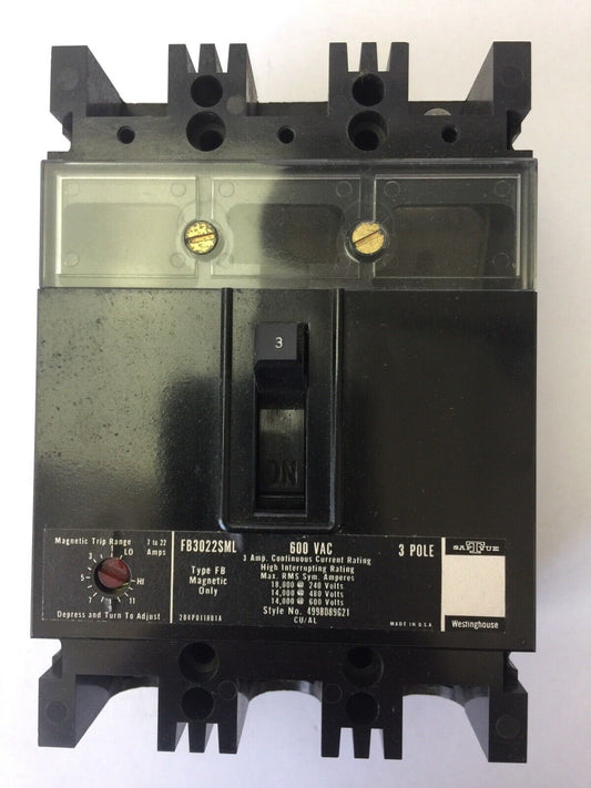 WESTINGHOUSE FB3022SML CIRCUIT BREAKER 3AMP 600VAC 3POLE 4998D89G21