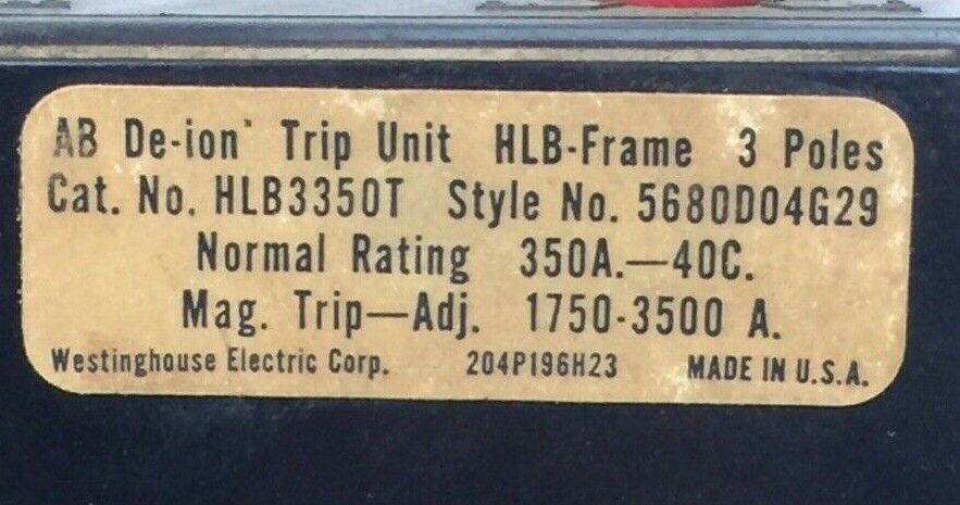 WESTINGHOUSE HLB3350T TRIP UNIT 350AMP 3POLE MAG TRIP ADJ 1750-3500A 5680D04G29
