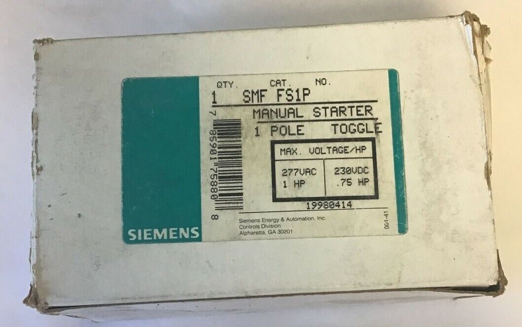 SIEMEN SMF FS1P MANUAL STARTER 1 POLE TOGGLE 277VAC 230VDC 1HP