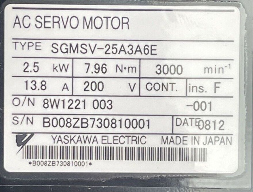 YASKAWA SGMSV-25A3A6E AC SERVO MOTOR 200V 13.8A 2.5kW 7.96Nm