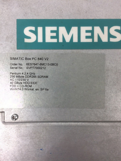 SIEMENS 6ES7647-6MC13-0BC0 SIMATIC BOX PC 840 V2 PENTIUM 4 2.4 GHz AC 110/230 V