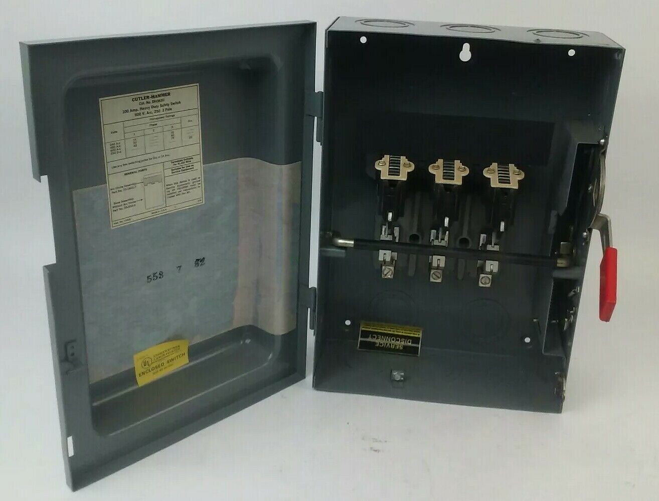 CUTLER HAMMER DH363U NON FUSIBLE H.D. SAFETY SWITCH 3P 100A 600VAC/250VDC 75HP