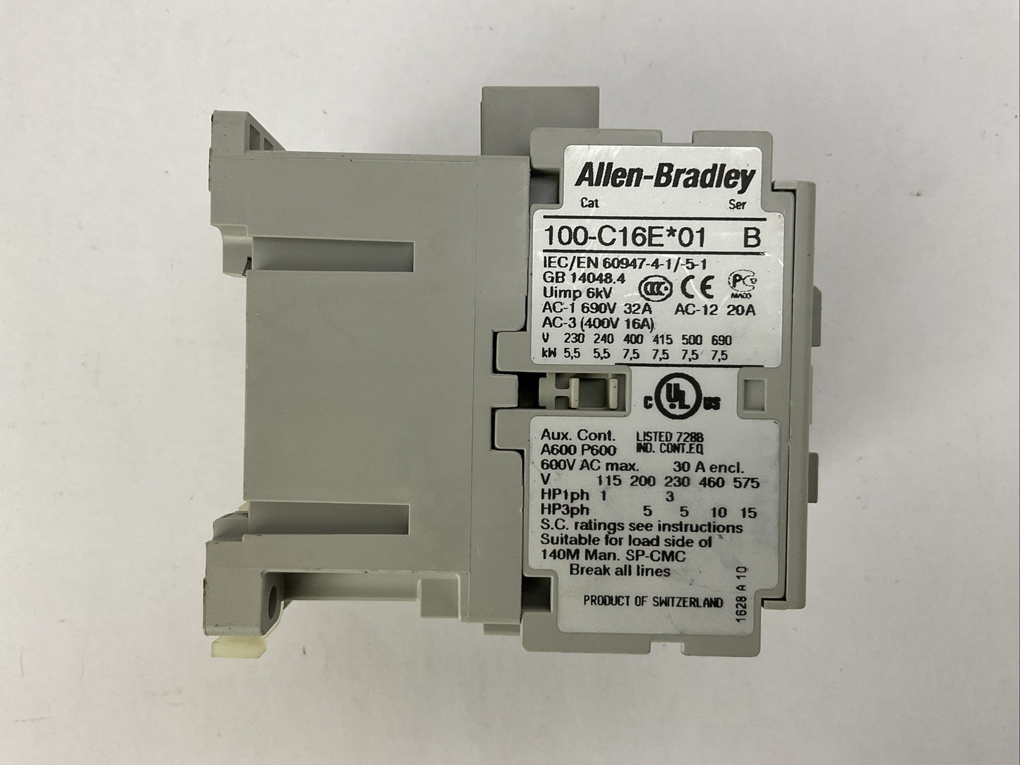 ALLEN BRADLEY 100-C16E*01 SER B CONTACTOR 600VAC 15HP 30A COIL 24VDC 100-S SER B