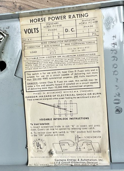 ITE V7B3211R VACU-BREAK SWITCH 30A 3POLES 3PH 240V