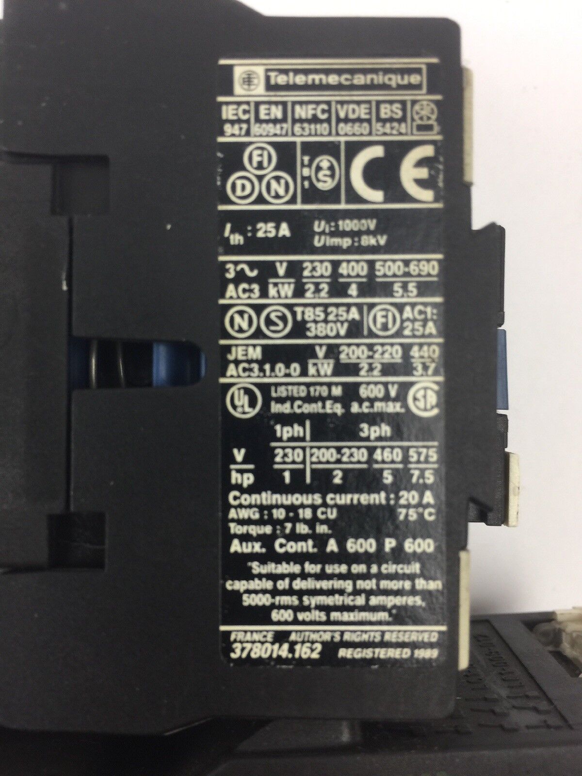 TELEMECANIQUE LC1 D09 10 CONTACTOR 600 VAC 3 PHASE W/ LR2 D1307 OVERLOAD RELAY