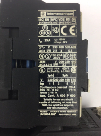 TELEMECANIQUE LC1 D09 10 CONTACTOR 600 VAC 3 PHASE W/ LR2 D1307 OVERLOAD RELAY