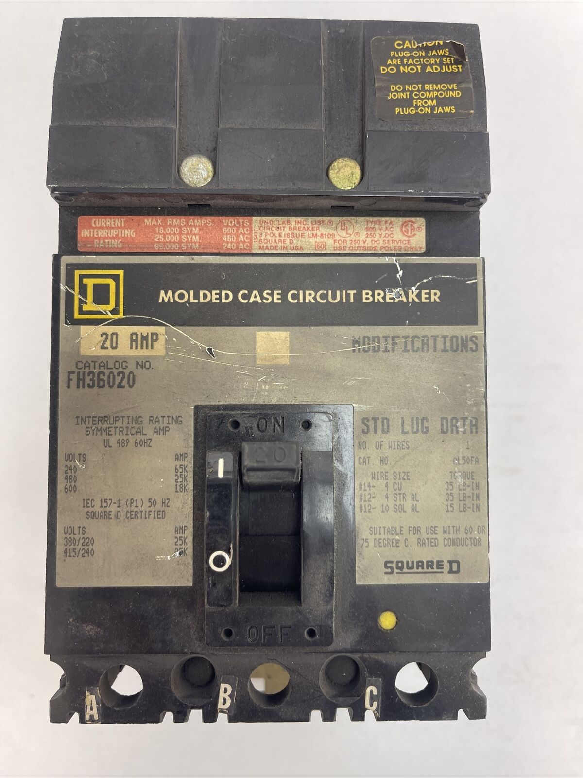 SQUARE D FH36020 MOLDED CASE CIRCUIT BREAKER 20A 600VAC 250VDC 3POLE