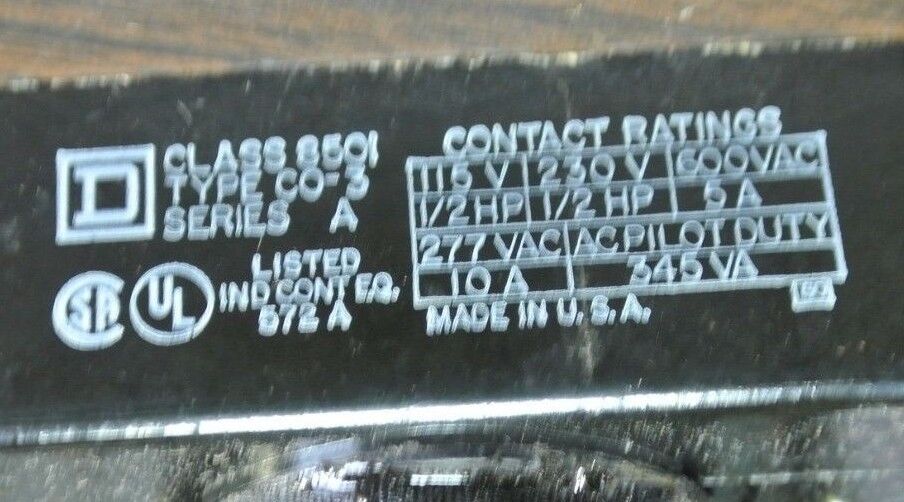 SQUARE D 8501 CO-3 A.C. CONTROL RELAY - DPST 10A @ 277VAC, 120V COIL NEW SURPLUS