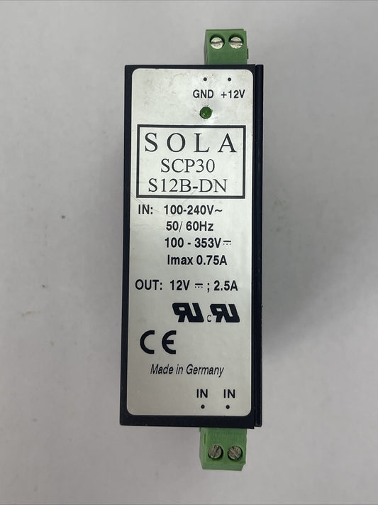 SOLA SCP30 S12B-DN POWER SUPPLY OUT 12VDC 2.5A INPUT 100-240VAC 100-353VDC 0.75A