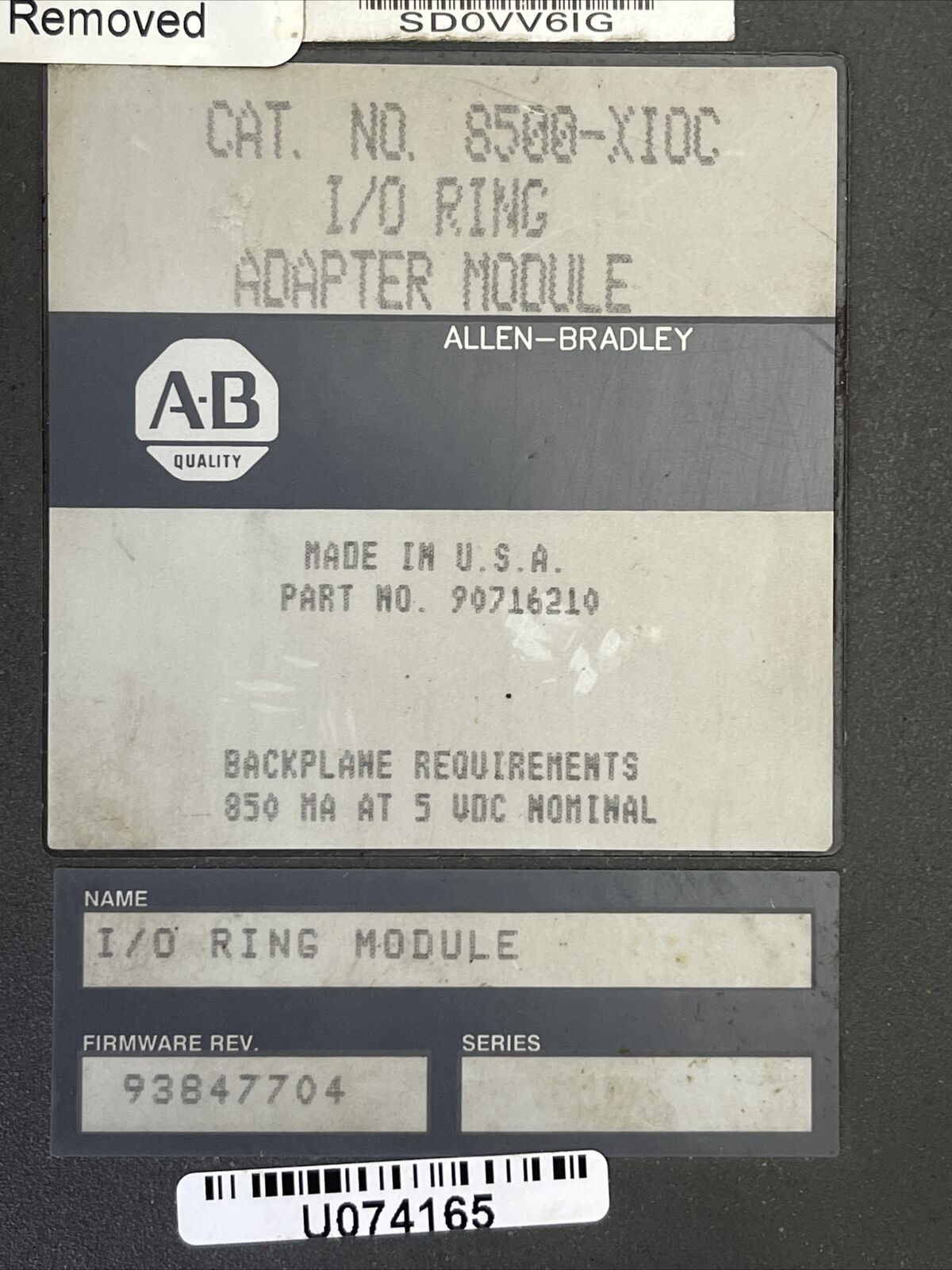 ALLEN BRADLEY 8500-XIOC I/O RING ADAPTER MODULE 90716210 FIRMWARE REV 93847704