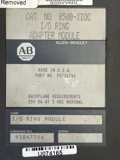 ALLEN BRADLEY 8500-XIOC I/O RING ADAPTER MODULE 90716210 FIRMWARE REV 93847704