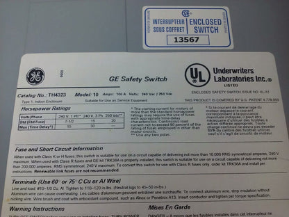 GE TH4323 MODEL 10 HD DISCONNECT SWITCH 100A, 240VAC/250VDC, 3PH, 30HP, FUSIBLE