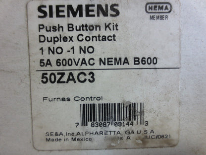 SIEMENS 50ZAC3 PUSH BUTTON KIT, DUPLEX CONTACT 1NO/1NC, 5A, 600VAC - NEW SURPLUS