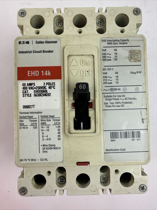 EATON CUTLER HAMMER EHD3060L 60AMP 480VAC 250VDC 3P INDUSTRIAL CIRCUIT BREAKER