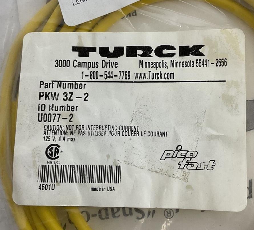 TURCK PKW 3Z-2 RIGHT ANGLE CORD FEMALE 125VAC/DC 4A ***LOTOF4***