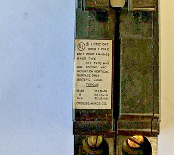 CROUSE-HINDS MH240 CIRCUIT BREAKER TYPE CTL 120/240VAC MH/MM ***LOTOF2***