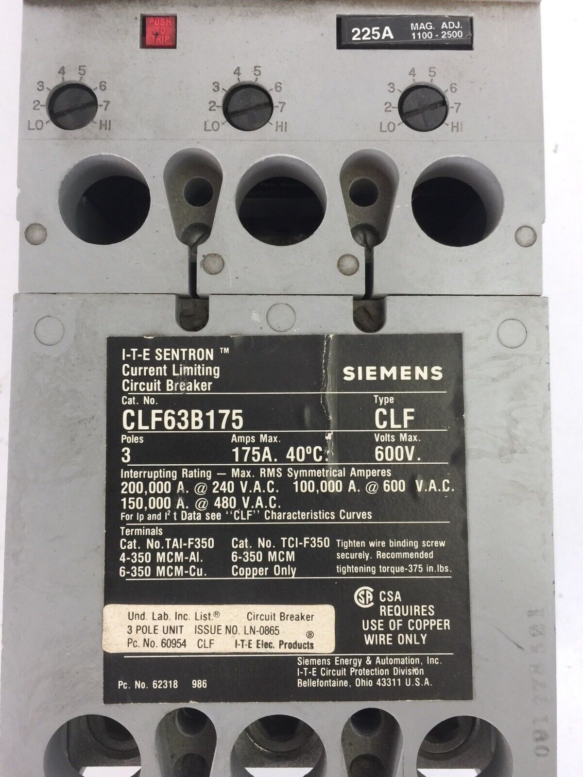 SIEMENS CLF63B175 CIRCUIT BREAKER 600VAC 175AMP 3POLE TRIP 225A