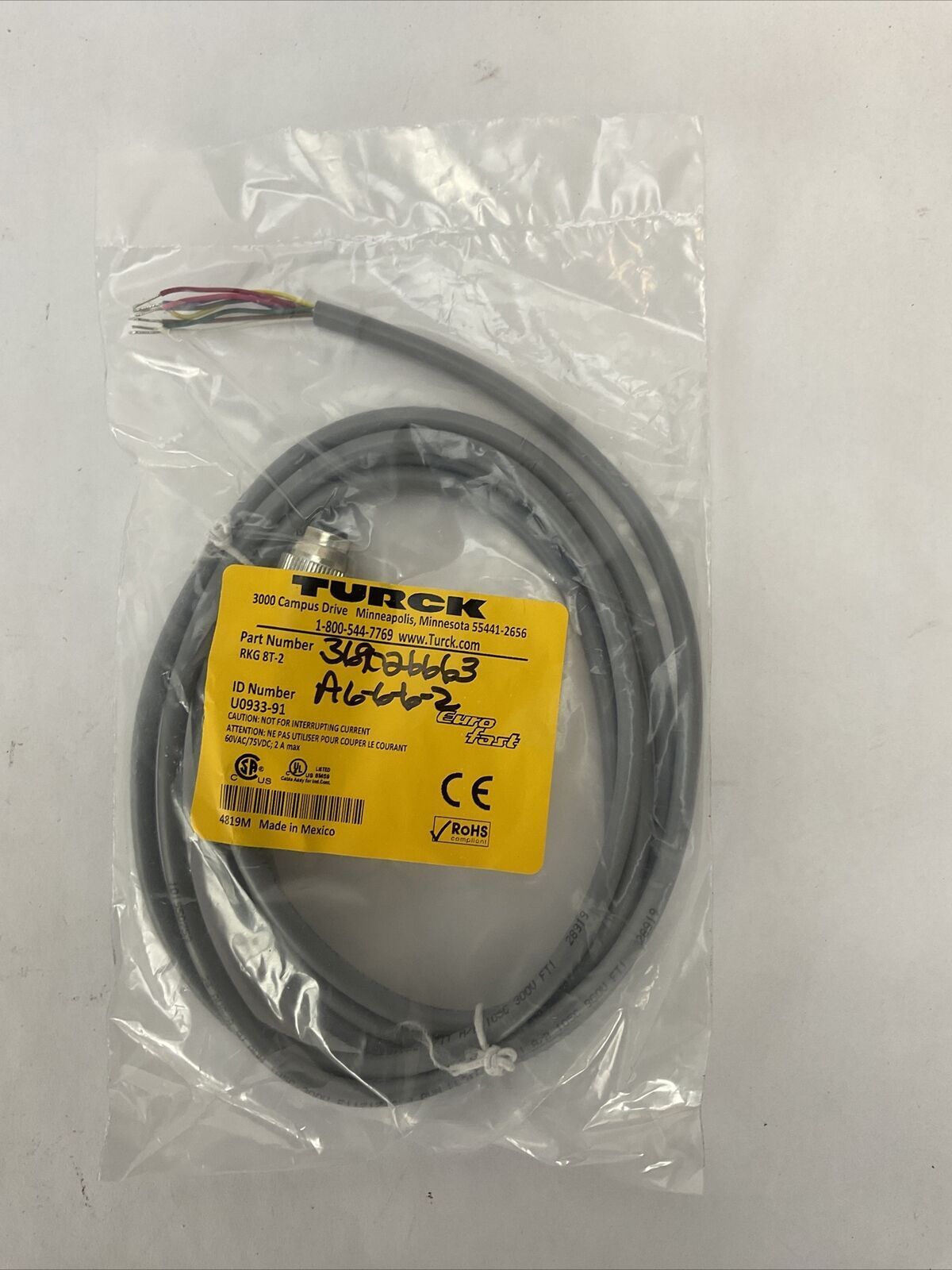 TURCK RKG 8T-2 CORDSET 60VAC/75VDC 2A U0933-91
