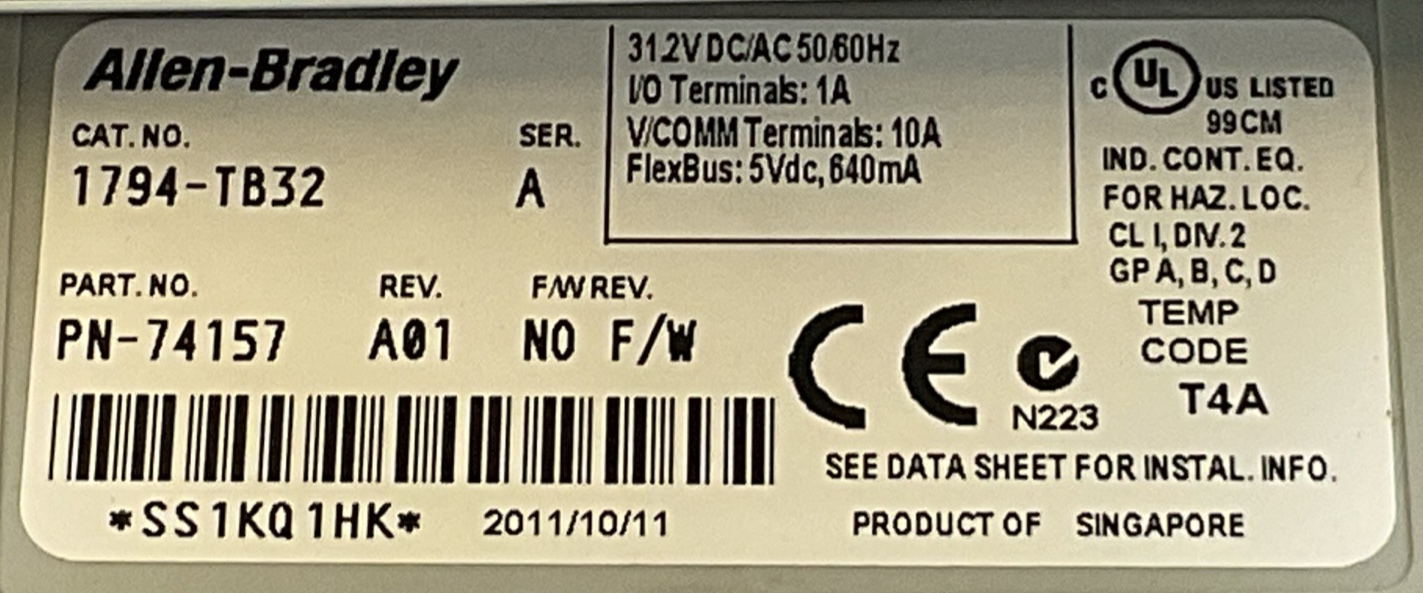 ALLEN BRADLEY 1794-TB32  SER A REV A01 F/W REV NO F/W TERMINAL BASE