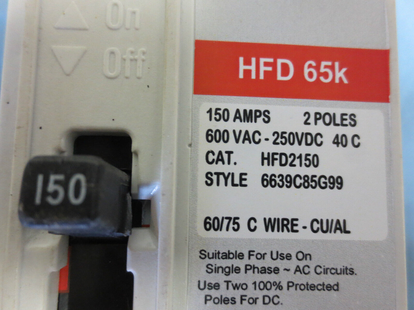 CUTLER-HAMMER HFD2150 MCCB BREAKER HFD 65k 150A 600VAC 250VDC 2-POLE RECONDITION