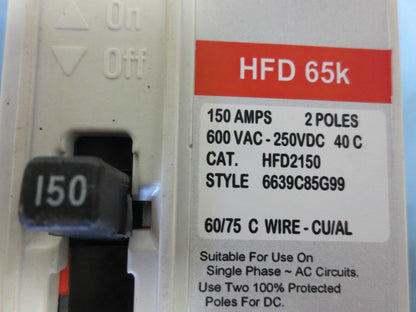 CUTLER-HAMMER HFD2150 MCCB BREAKER HFD 65k 150A 600VAC 250VDC 2-POLE RECONDITION