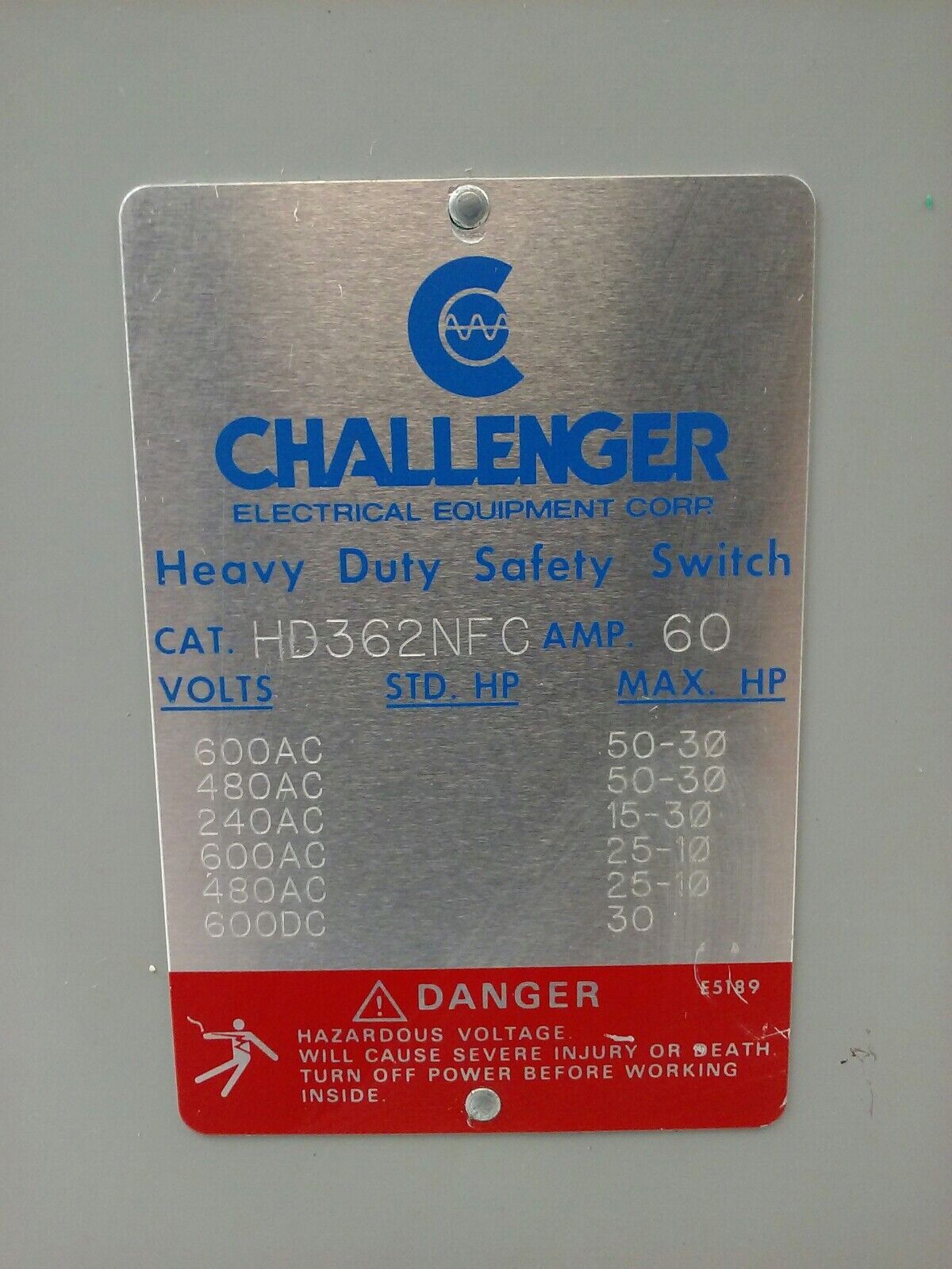 CHALLENGER HD362NFC, SAFETY SWITCH, TYPE 1 INDOOR, 60A, 600VAC/600DC, 3P, USED