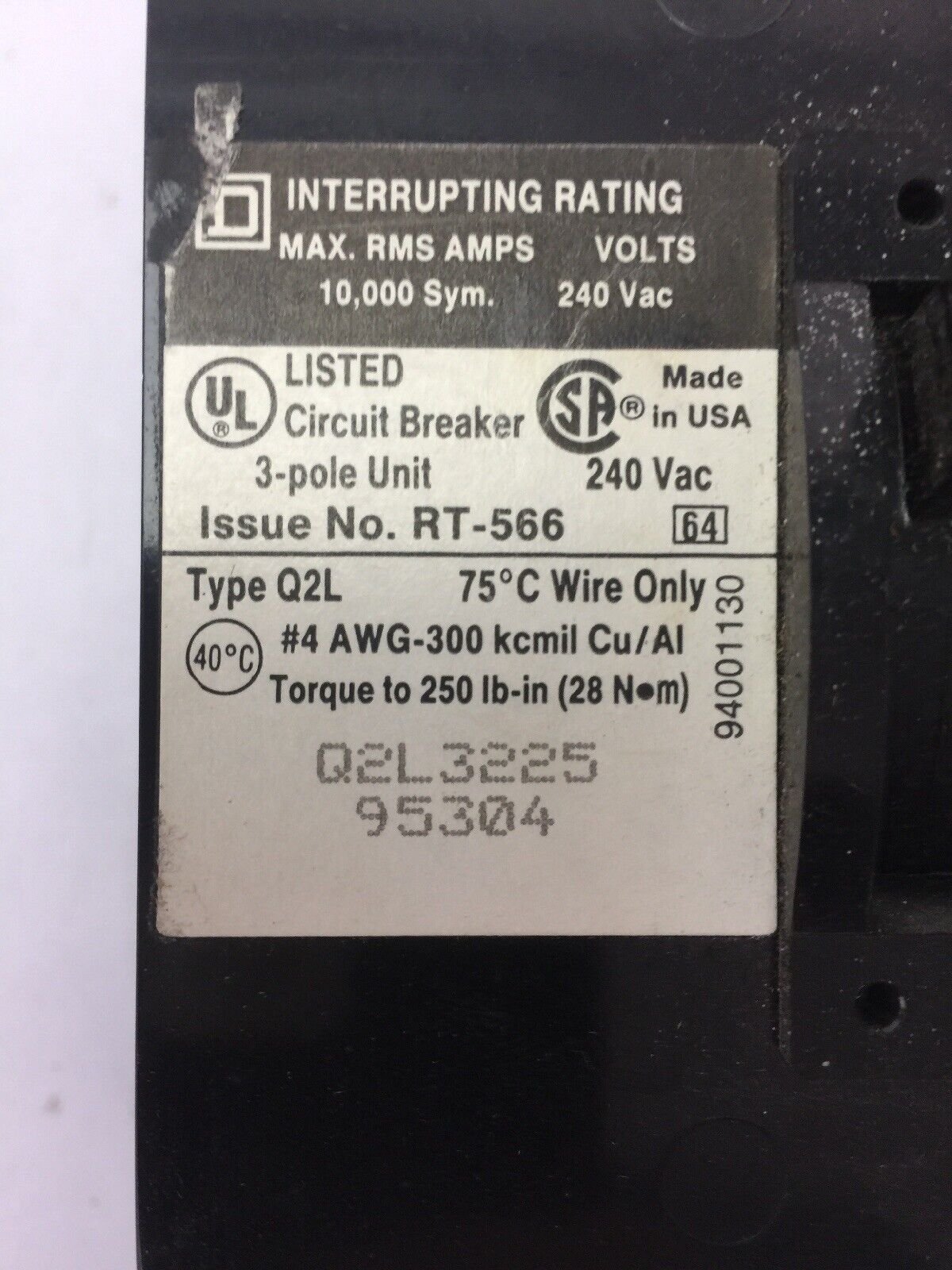 SQUARE D Q2L3225 CIRCUIT BREAKER 240VAC 225A 3 POLE