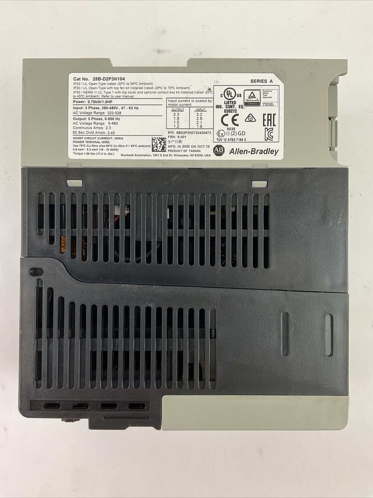 ALLEN BRADLEY 25B-D2P3N104 AC DRIVE FRN 6.001 SER A OUTPUT 0-460VAC