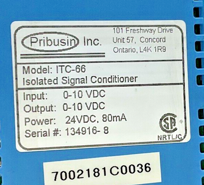 PRIBUSIN ITC-66 ISOLATED SIGNAL CONDITIONER 24VDC 80MA