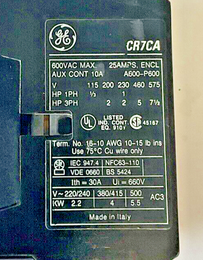 GENERAL ELECTRIC CR7CA CONTACTOR 600VAC 25AMPS 5HP