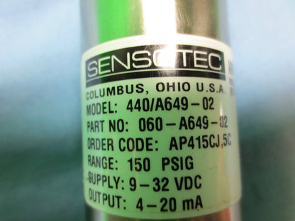 SENSOTEC 060-A649-02 / 440/A649-02 AMPLIFIED TRANSDUCER 150 PSIG RANGE