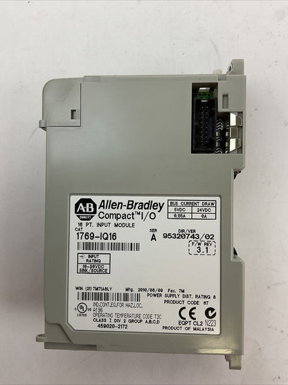 ALLEN BRADLEY 1769-IQ16 SER A F/W REV 3.1 DIR/VER 95320743/02 16PT INPUT MODULE