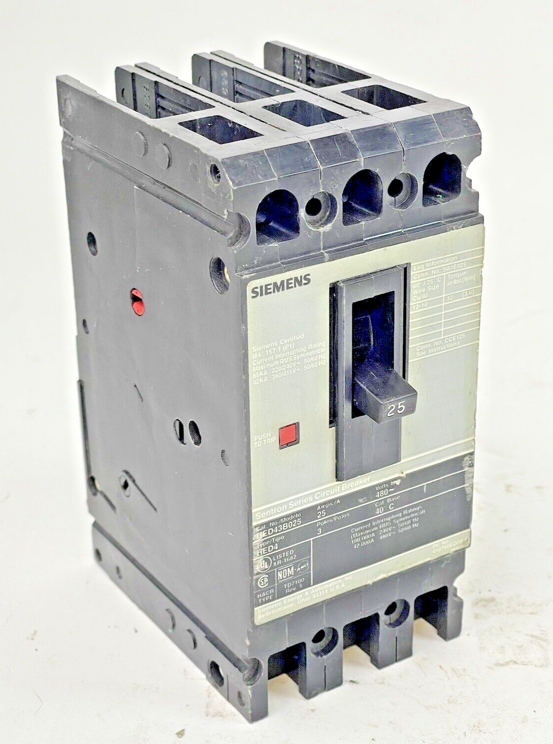 SIEMENS - HED43B025 - CIRCUIT BREAKER - 25 A, 480 VAC, 3 POLE, TYPE HED4