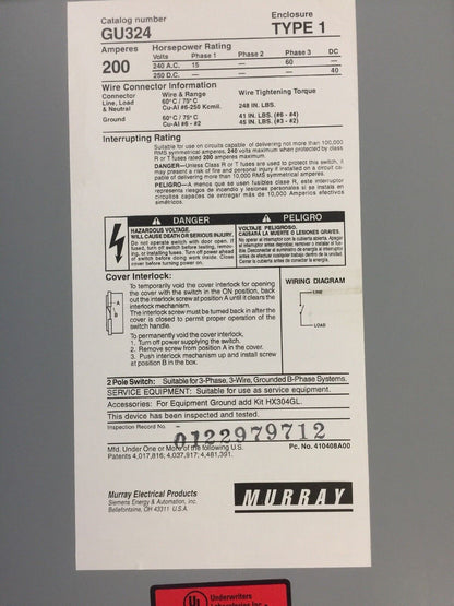 MURRAY GU324 SAFETY SWITCH 240 VAC 250 VDC 200 AMP 60 MAX HP 3 PHASE TYPE 1