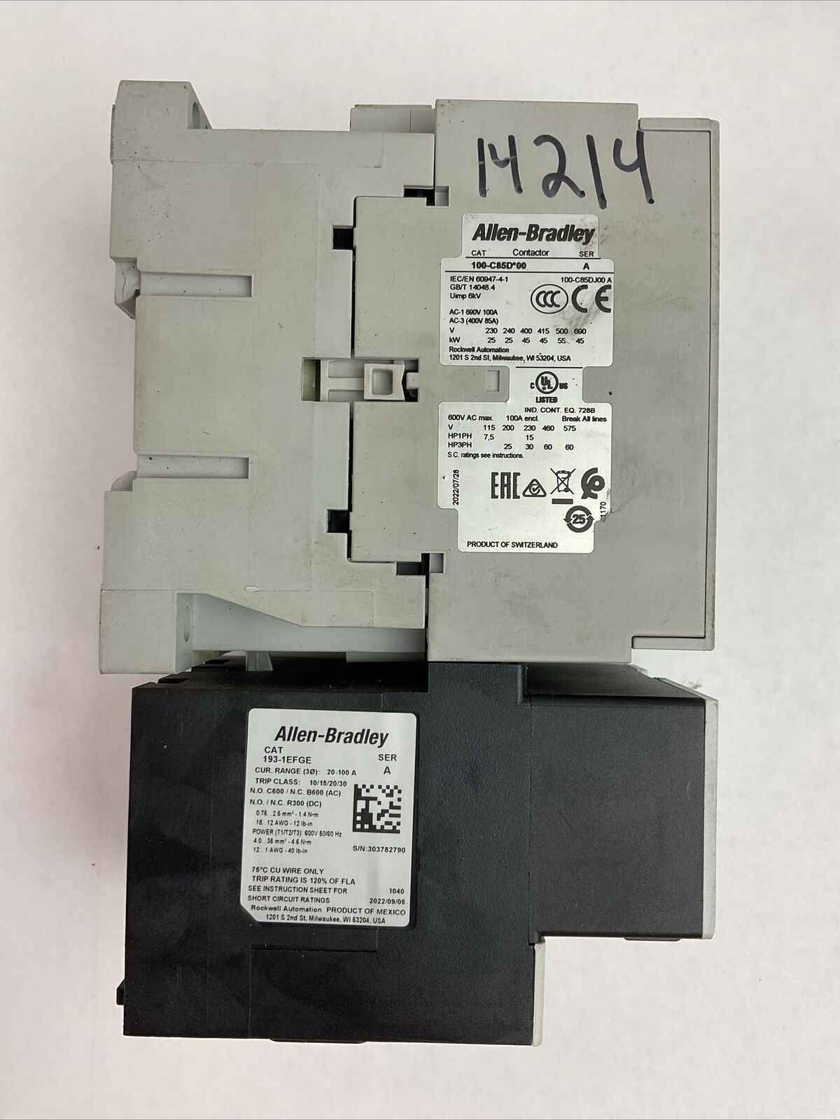 ALLEN BRADLEY STARTER (100-C85D*00 SER A CONTACTOR + 193-1EFGE RELAY + 100S)