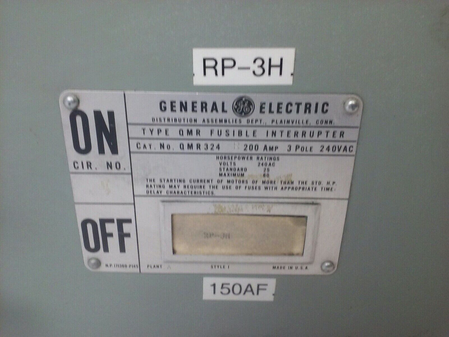 GENERAL ELECTRIC QMR324R TYPE QMR FUSIBLE INTERUPTER SWITCH 200A 240V W/HARDWARE