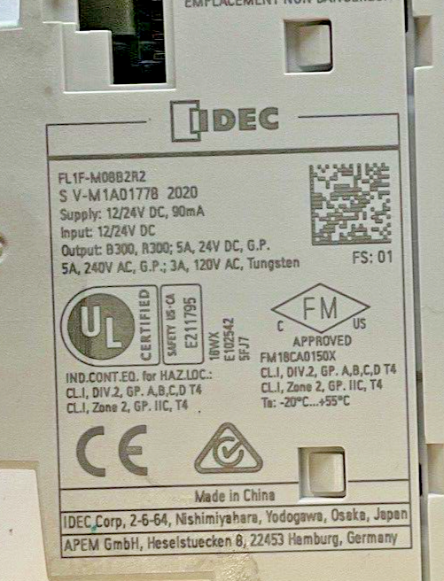 IDEC FL1F-M08B2R2 RELAY EXPANSION MODULE 24VDC 240VAC 5A