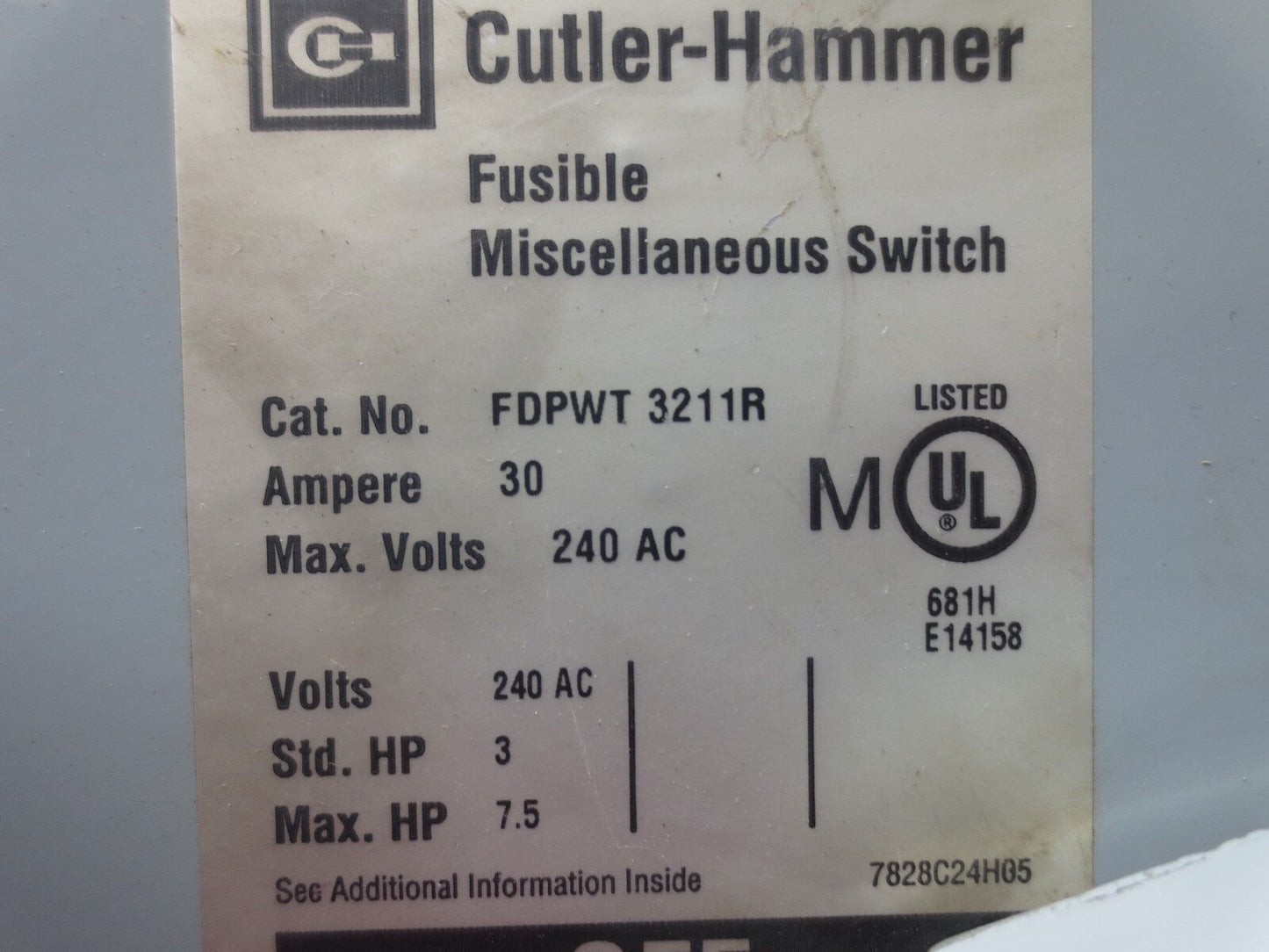 CUTLER-HAMMER FDPWT3211R FUSIBLE MISCELLANEOUS SWITCH - 30A, 240VAC
