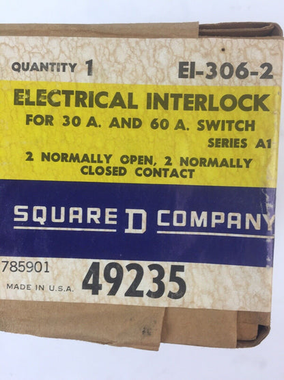 SQUARE D E1-306-2 ELECTRICAL INTERLOCK FOR 30A AND 60A SWITCH SERIES A1
