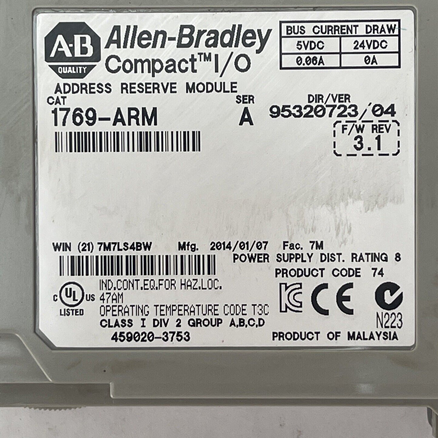 ALLEN BRADLEY COMPACT I/O 1769-ARM SER A F/W REV 3.1 ADDRESS RESERVE MODULE