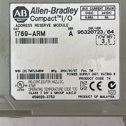 ALLEN BRADLEY COMPACT I/O 1769-ARM SER A F/W REV 3.1 ADDRESS RESERVE MODULE
