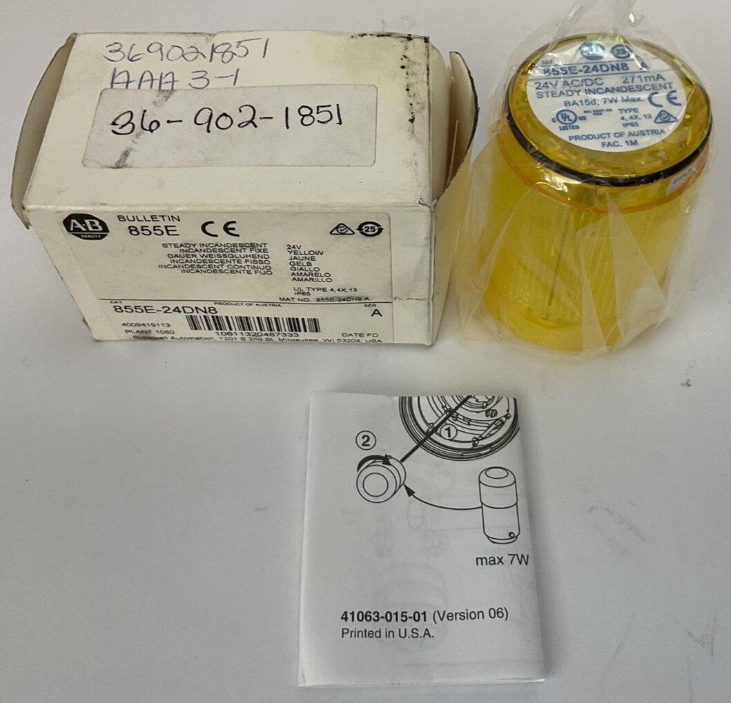 ALLEN BRADLEY 855E-24DN8 24V YELLOW STEADY INCANDESCENT SER A 271mA 7W