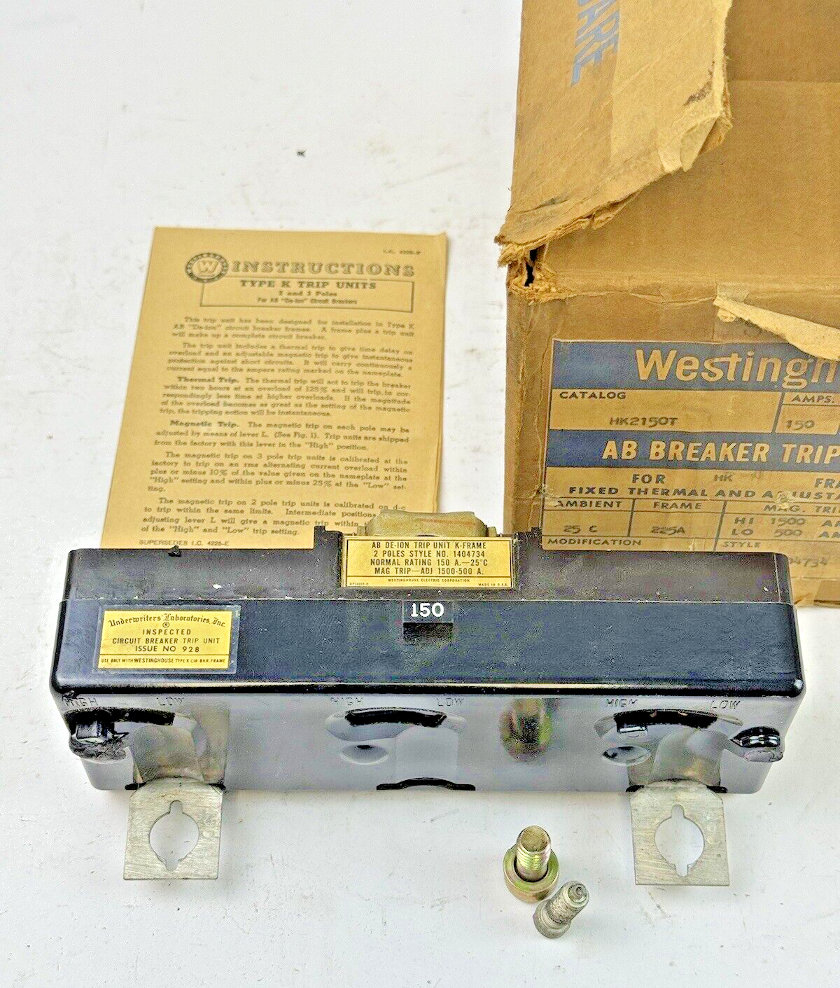 WESTINGHOUSE - HK2150T - AB DE-ION MAG TRIP ADJ. 1500-500A - 150A/2 POLE - NEW