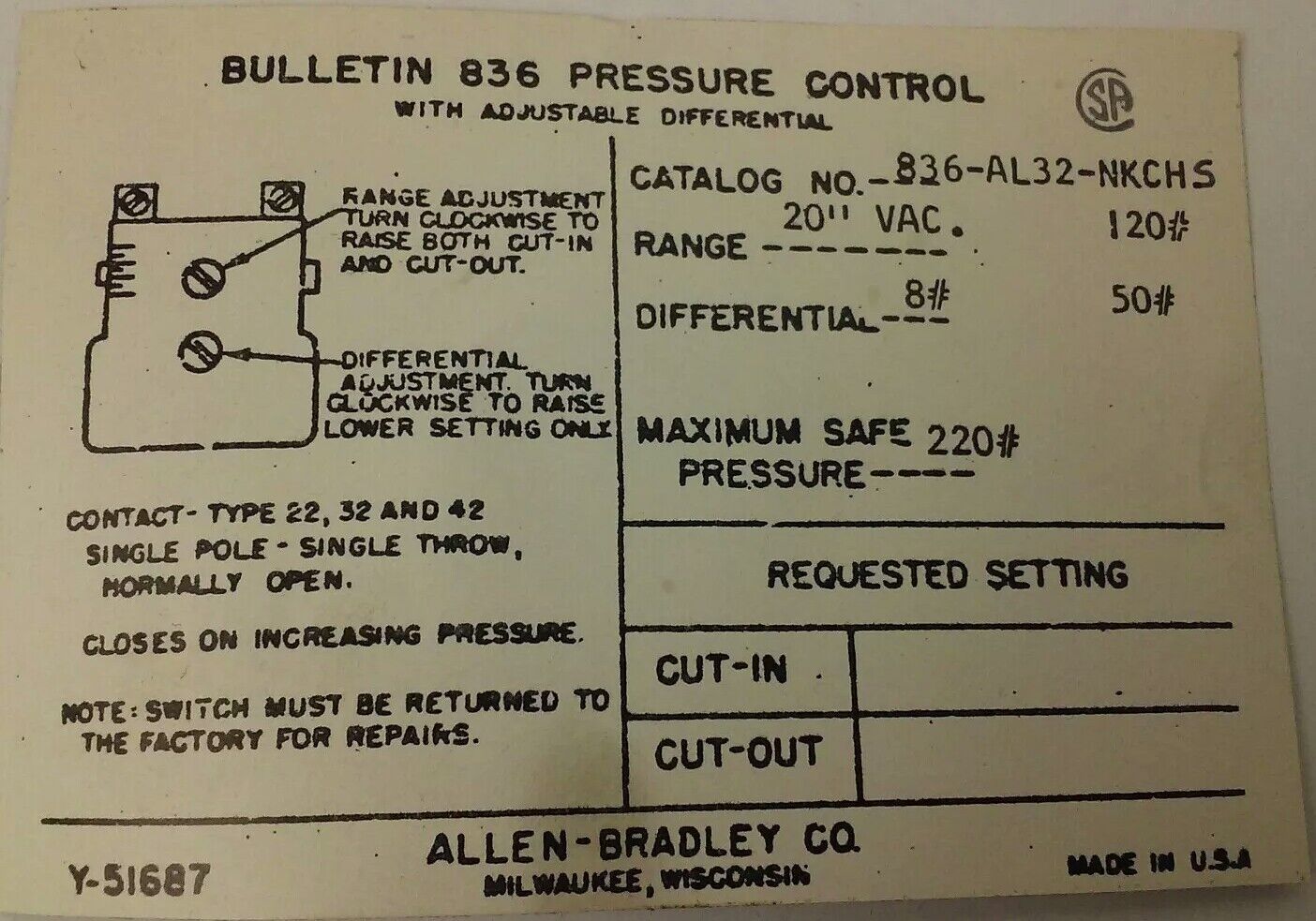 ALLEN BRADLEY 836-AL32-NKCHS, SERIES A, PRESSURE SWITCH, NEW