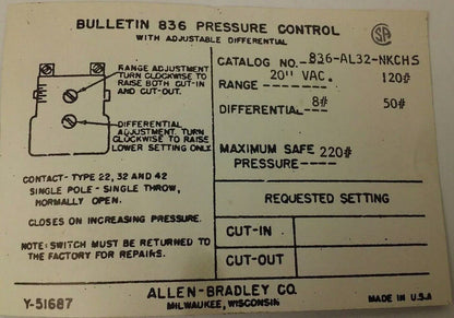 ALLEN BRADLEY 836-AL32-NKCHS, SERIES A, PRESSURE SWITCH, NEW