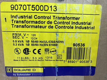 SQUARE D 9070T500D13 INDUSTRIAL CONTROL TRANSFORMER PRIM 120VAC SEC 12/24VAC