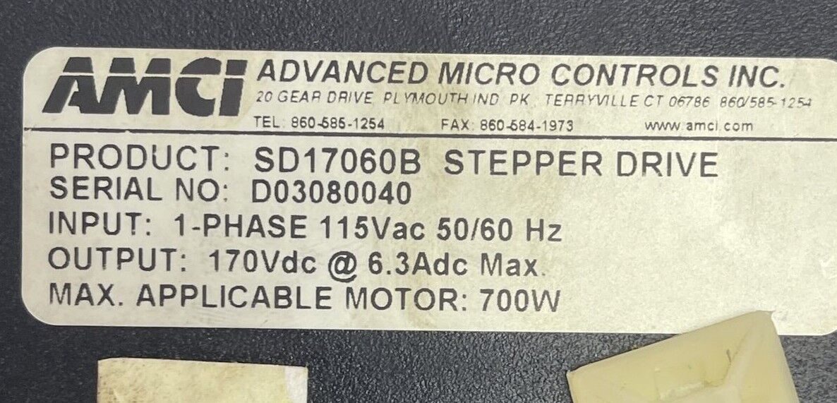 ADVANCED MICRO CONTROLS SD17060B STEPPER DRIVE OUTPUT 170VDC@6.3Adc INPUT 115VAC