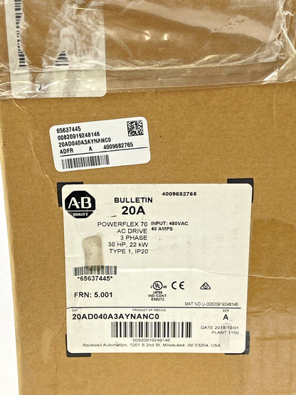 ALLEN BRADLEY - 20AD040A3AYNANC0 - SERIES A -POWERFLEX 70 AC Drive -3 PHASE 40AM