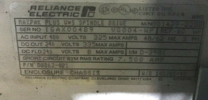 RELIANCE ELEC. 801426-22SB SPINDLE DRIVE MAXPAX PLUS 240V 335A 60HP 3PH 48/62HZ